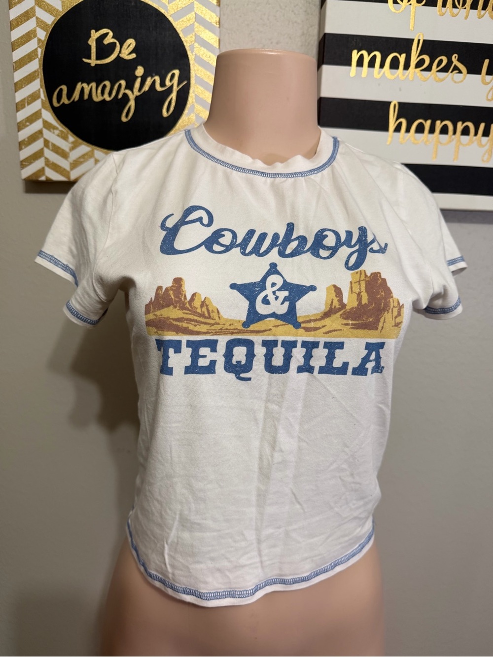 Bear Dance White Tee with Blue and Gold Graphic